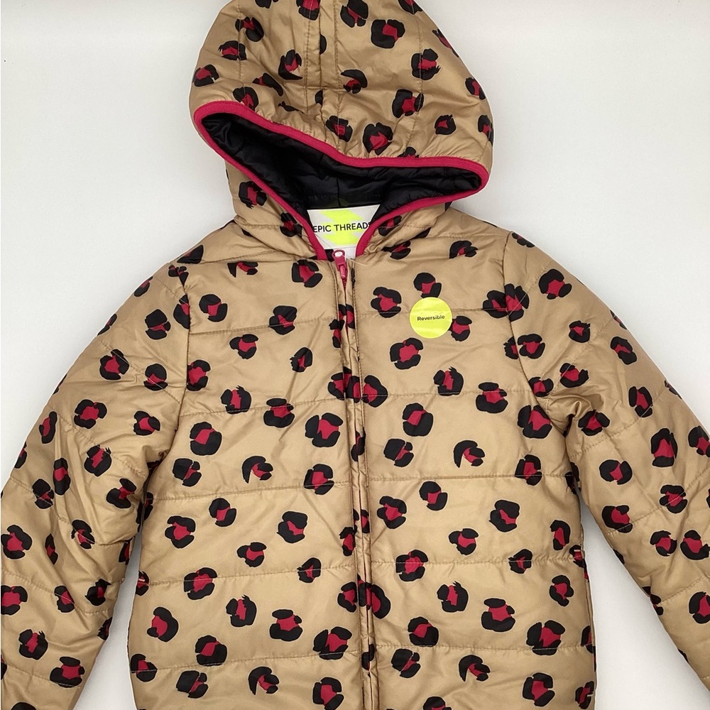 Epic Threads Tan Puffer Jacket with Black and Pink Leopard Spots NWT